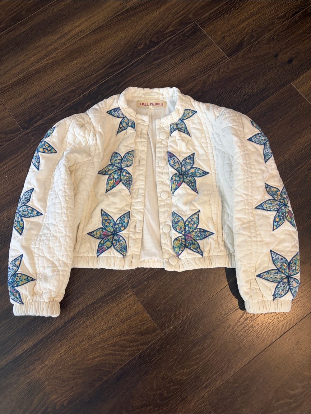 Free People Quinn quilted jacket white with Blue Floral Star Appliqués